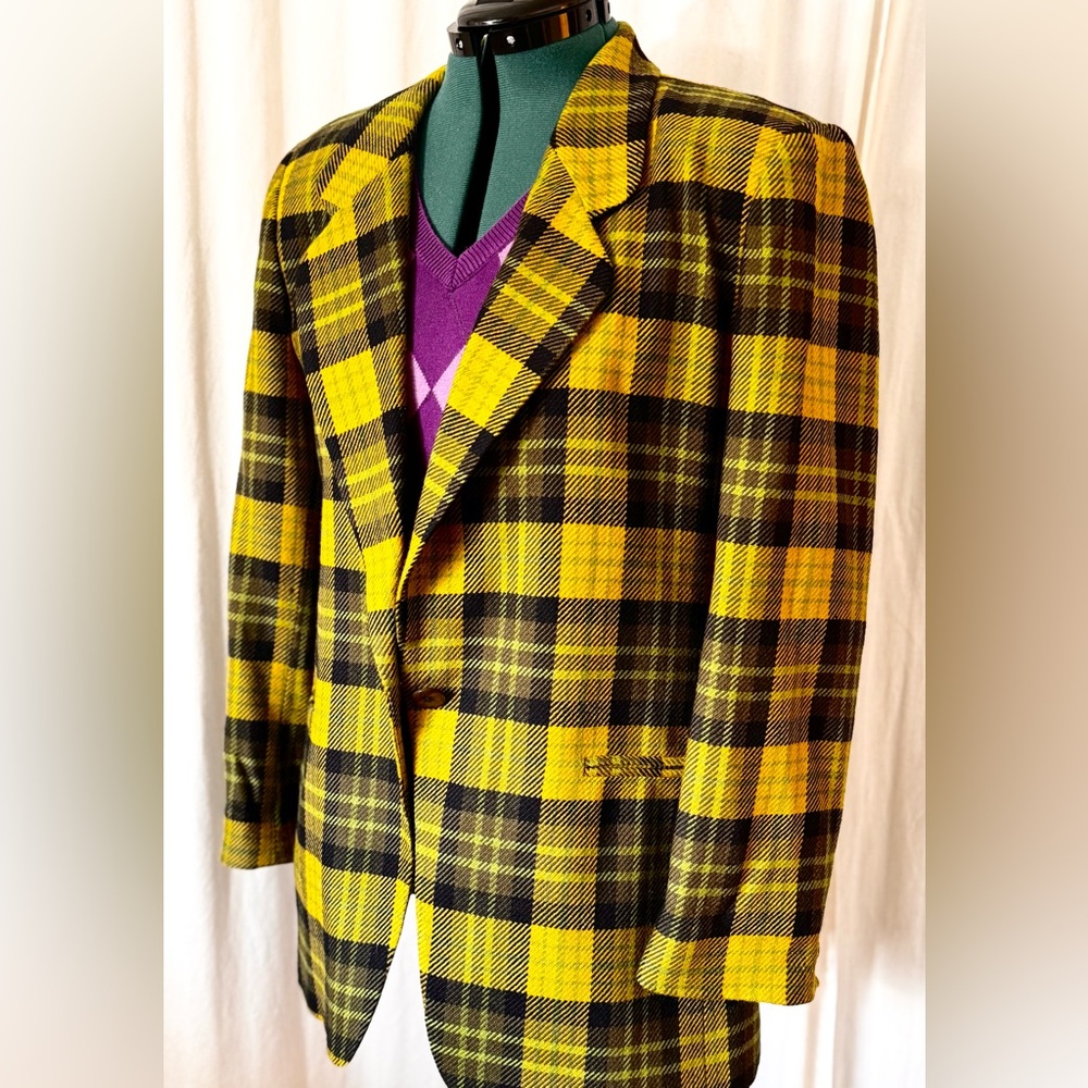 Vintage Jones New York Yellow and Black Plaid Wool Blazer Women's Size 10 - Picture 3 of 15